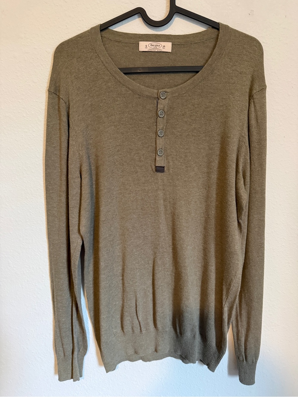 Bershka Olive Henley Knit male Pullover